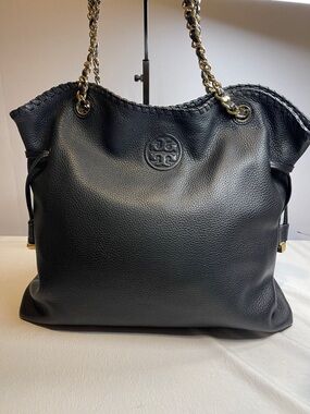 Tory Burch Marion Slouchy Black Pebbled Leather Tote